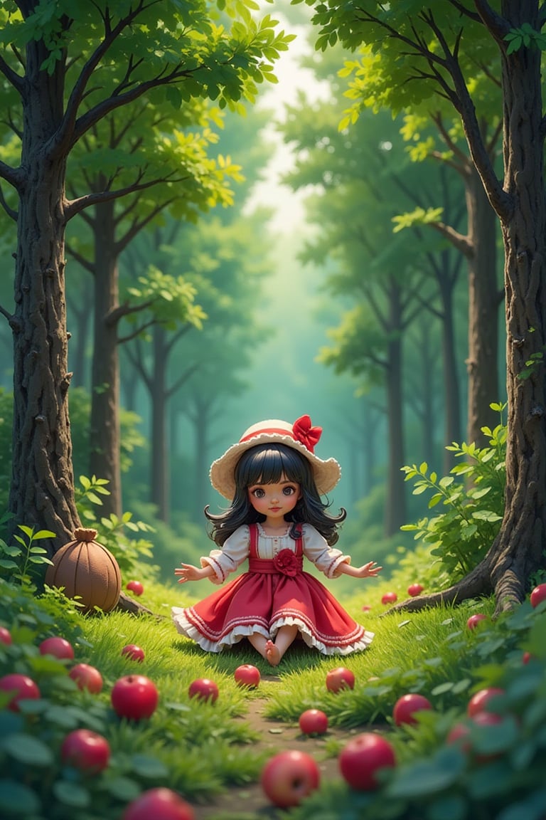 (masterpiece, best quality), (colorful:1.4), from above, solo, 1girl sitting in a fairytale forest with towering trees and a bag of enchanted apples, depth of field, fisheye lens
,kidz,GouacheDoll