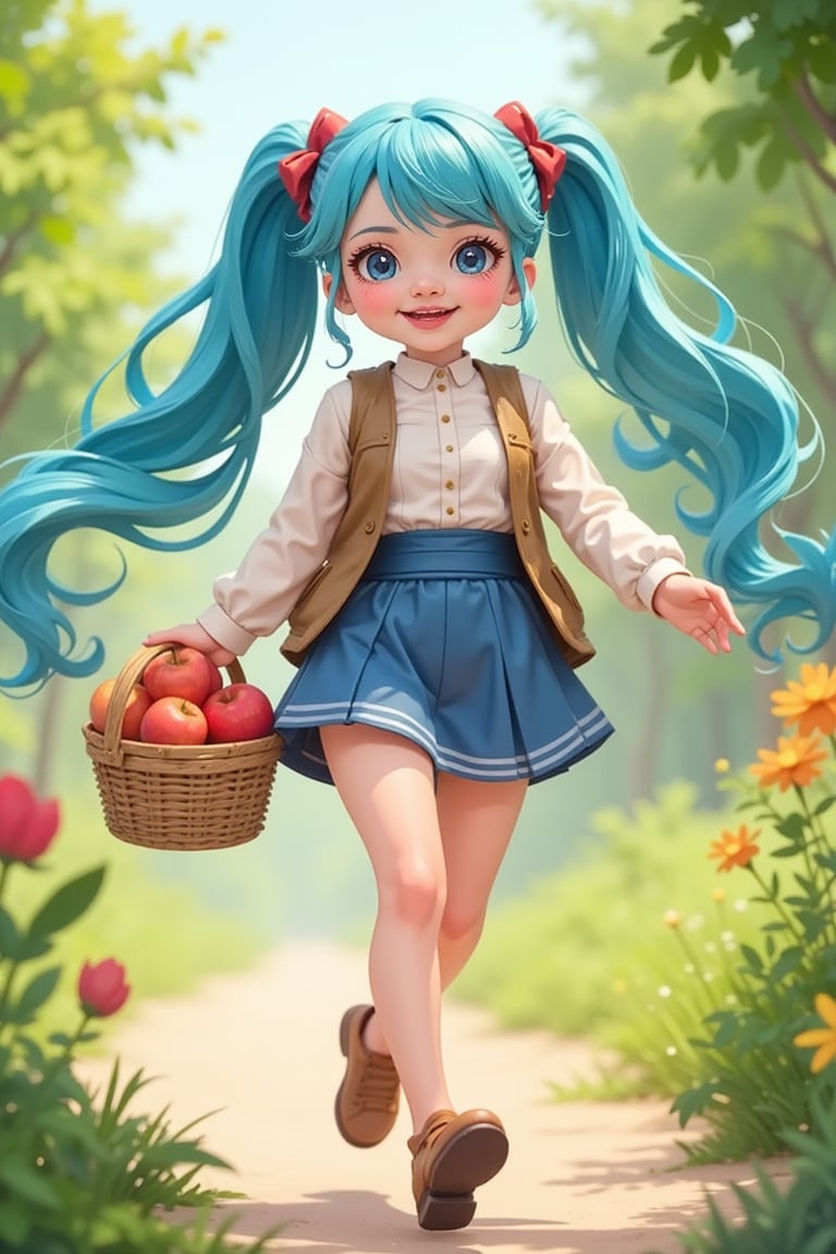 Girl dressed to go on an adventure、Light blue long hair、Twin-tailed、adorable smiling、bustup、Walking while humming、Looks like a lot of fun、There is a basket with apple pie、Take low-angle shots
,kidz,GouacheDoll