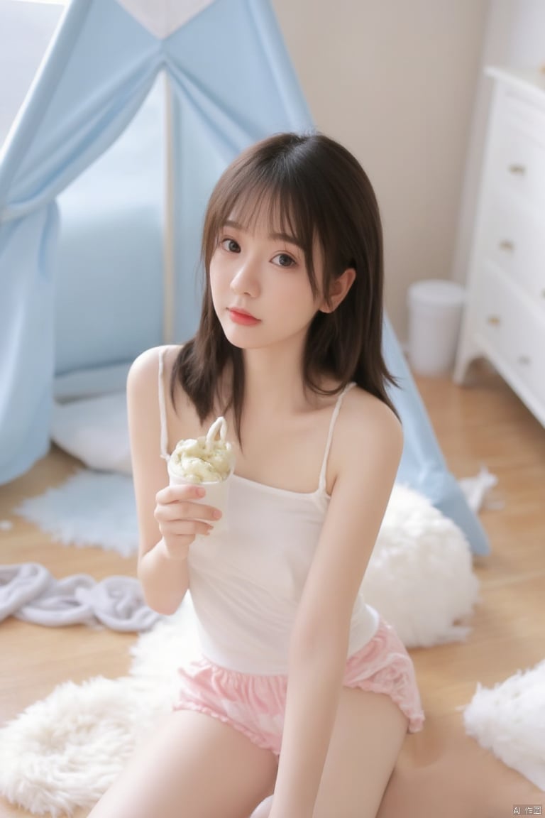 a young Asian woman is seated on a white shaggy rug, wearing a white  top and pink striped bottoms. She is holding an ice cream in her right hand, while her left hand rests on her hip. She has long dark brown hair, and her eyes are focused on the camera. Behind her, a blue teepee is set against a light brown wooden floor. To the right of the teepee, a white trash can, and a white dresser can be seen.