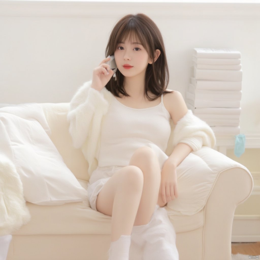 a young Asian woman is seated on a beige sofa
her right arm resting on the armrest of the sofa. She is dressed in a white   skirt
and white socks. Her left hand is resting on her hip
while her right hand is holding a phone to her ear. She has dark brown hair
and her lips are a bright red. The sofa is adorned with white pillows
and a white blanket is draped over the left arm. To the right of her
a stack of white books are stacked on a white shelf
adding a touch of color to the scene.
