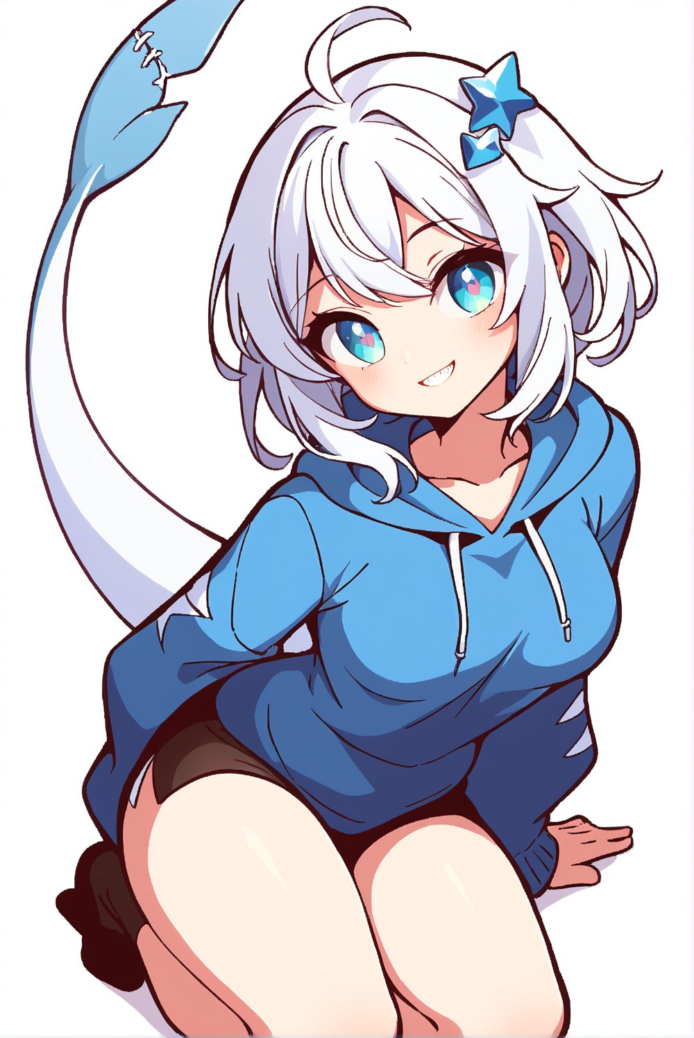 score_9_up, score_8_up, score_7_up, source_anime, (diives), 1girl, beautiful detailed eyes, ((masterpiece,best quality)), solo, ((gawr gura)), virtual youtuber, gawr gura 1st costume, sharp teeths, medium hair, white hair, hair ornament, ((hood up)), blue hoodie, shark tail, smile, curvy, head tilt