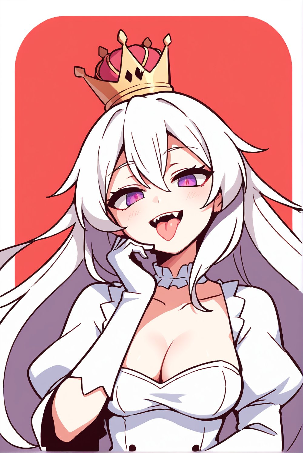 score_9_up, score_8_up, score_7_up, source_anime, 1girl, beautiful detailed eyes, ((masterpiece,best quality)), absurdres, solo, Boosette, fang, sharp teeth, sticking out her tongue, public indecency, degenerate face, lewd face, (crown:1.1), long hair, white hair, purple eyes, white dress, long sleeves, white gloves, smile, curvy, head tilt,diives