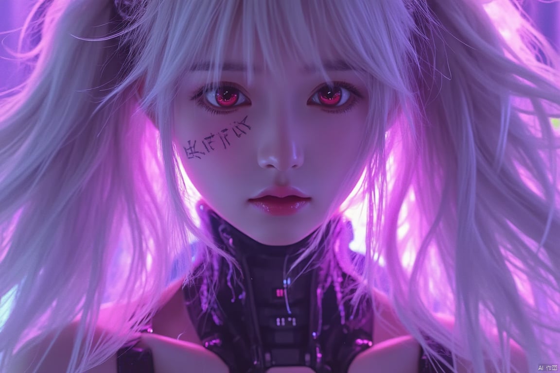 masterpiece, best quality, illustration, beautiful detailed eyes,colorful background,mechanical prosthesis,mecha coverage,emerging dark purple across with white hair,pig tails,disheveled hair,fluorescent purple,cool movement,rose red eyes,beatiful detailed cyberpunk city,multicolored hair,beautiful detailed glow,1 girl, expressionless,cold expression,insanity, long bangs,long hair, lace,dynamic composition, motion, ultra - detailed, incredibly detailed, a lot of details, amazing fine details and brush strokes, smooth, hd semirealistic anime cg concept art digital painting