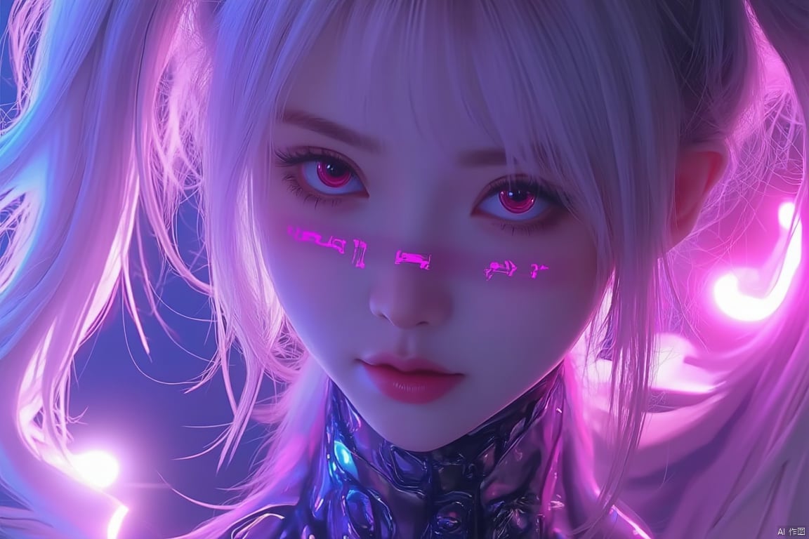 masterpiece, best quality, illustration, beautiful detailed eyes,colorful background,mechanical prosthesis,mecha coverage,emerging dark purple across with white hair,pig tails,disheveled hair,fluorescent purple,cool movement,rose red eyes,beatiful detailed cyberpunk city,multicolored hair,beautiful detailed glow,1 girl, expressionless,cold expression,insanity, long bangs,long hair, lace,dynamic composition, motion, ultra - detailed, incredibly detailed, a lot of details, amazing fine details and brush strokes, smooth, hd semirealistic anime cg concept art digital painting