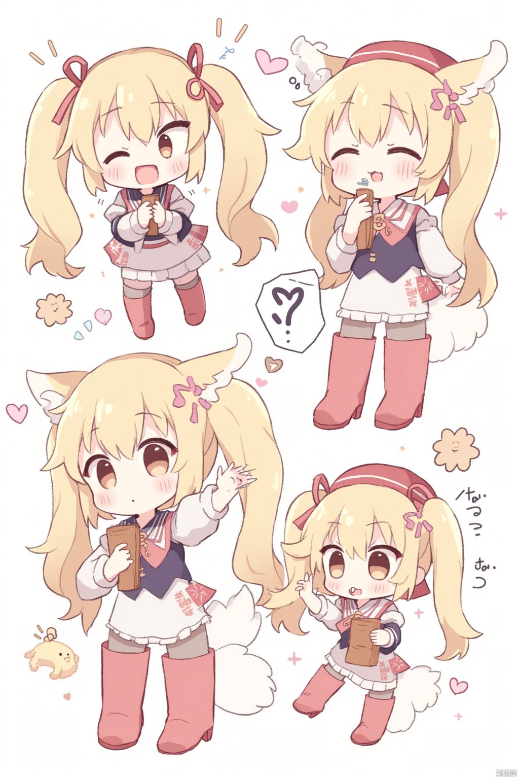 1girl, long hair, looking at viewer, blush, smile, open mouth, bangs, blonde hair, simple background, brown hair, shirt, long sleeves, hat, holding, animal ears, twintails, brown eyes, very long hair, closed eyes, heart, pantyhose, boots, one eye closed, food, shorts, fang, puffy sleeves, chibi, :o, animal ear fluff, multiple views, ^ ^, thick eyebrows, ;d, holding food, ?, red footwear, red headwear, puffy long sleeves, white shorts, short eyebrows, food on face, spoken question mark, white outline, puffy shorts,Skeb