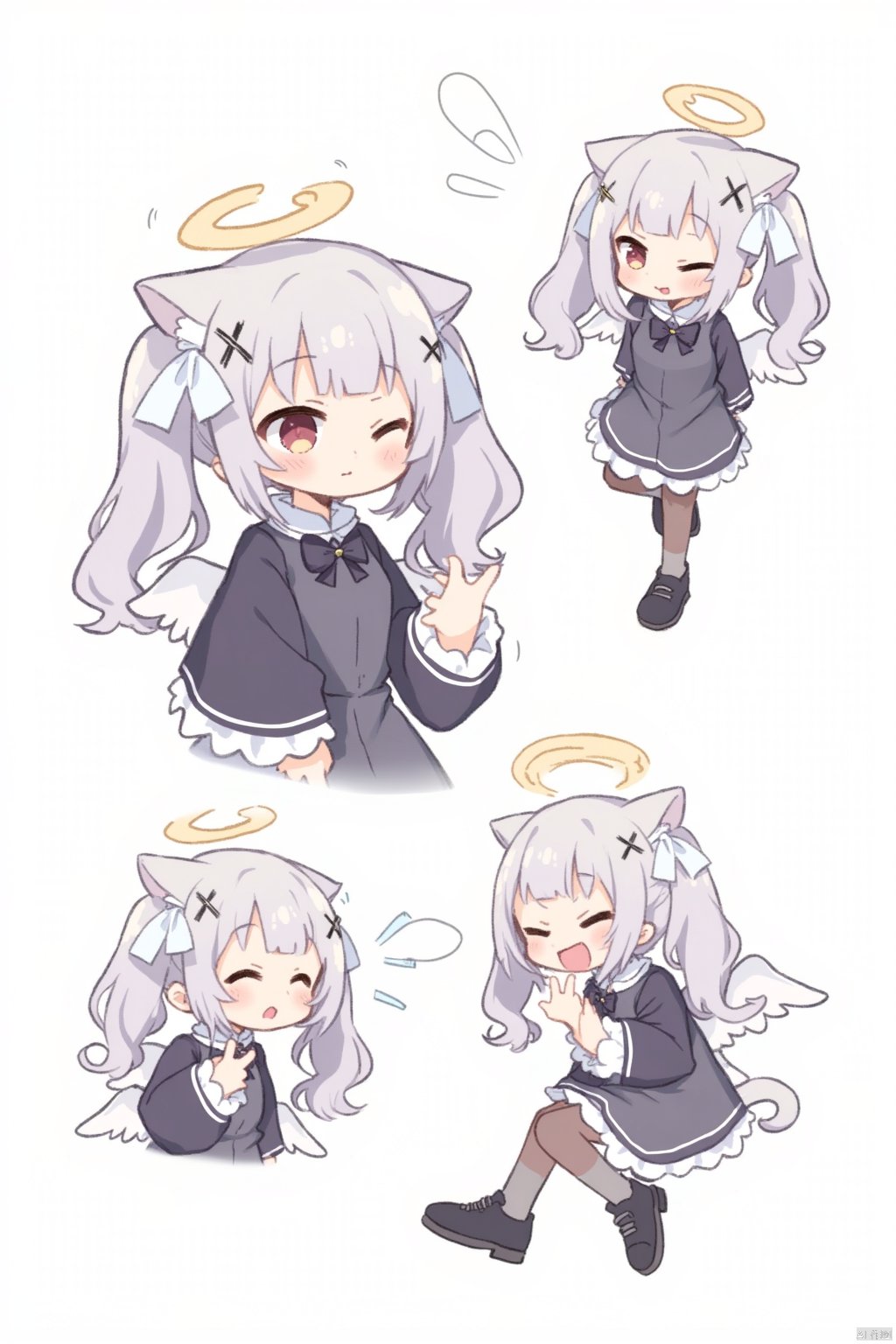 1girl, long hair, looking at viewer, blush, open mouth, bangs, simple background, hair ornament, long sleeves, hat, white background, dress, bow, animal ears, twintails, sitting, closed mouth, tail, full body, ahoge, hair bow, grey hair, pantyhose, sweat, one eye closed, wings, shoes, socks, fang, puffy sleeves, cat ears, black footwear, black dress, arm up, cat tail, animal ear fluff, black bow, multiple views, halo, white bow, x hair ornament, cat girl, feathered wings, puffy long sleeves, angel wings, :t, pout, collared dress, loose socks,Skeb