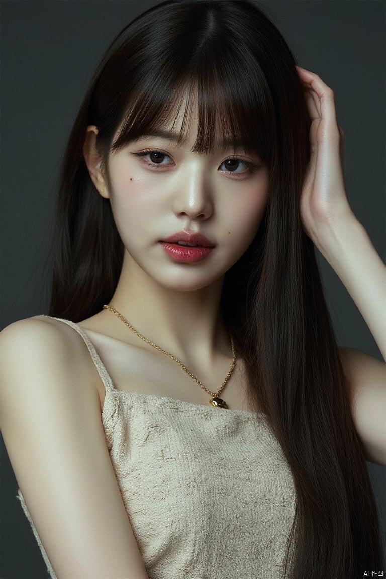 RAW photo,1girl, upper body photo of a beautiful korean girl with long hair wearing halter dress, necklace, dslr, soft lighting, high quality, film grain,  light reflections, blood vessels,  pale skin, skin pores,blood vessels in sclera, detailed skin, skin fuzz,1girl