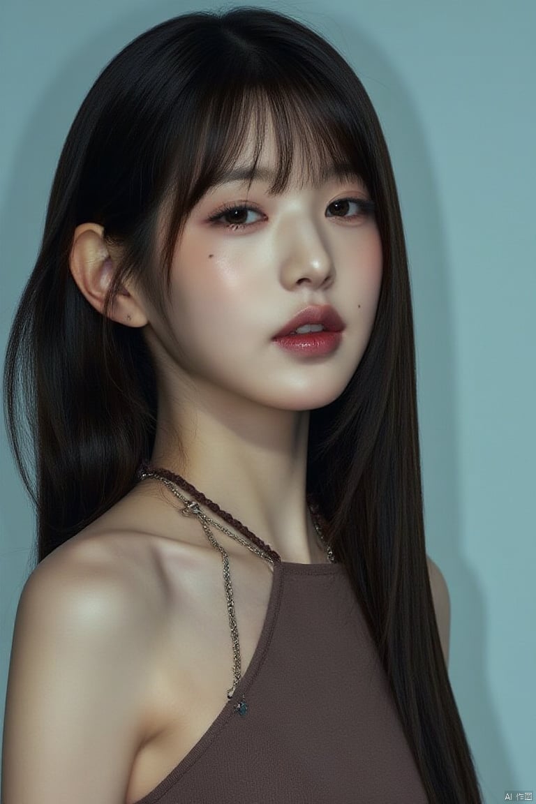 RAW photo,1girl,full body photo of a beautiful korean girl with long hair wearing halter dress, necklace, dslr, soft lighting, high quality, film grain,  light reflections, blood vessels,  pale skin, skin pores,blood vessels in sclera, detailed skin, skin fuzz,1girl