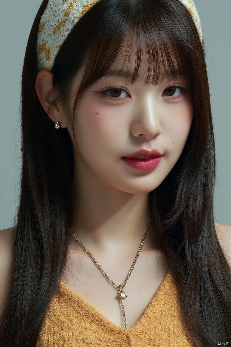 RAW photo,1girl, upper body photo of a beautiful korean girl with long hair wearing halter dress, necklace, dslr, soft lighting, high quality, film grain,  light reflections, blood vessels,  pale skin, skin pores,blood vessels in sclera, detailed skin, beauty spots, skin fuzz,1girl