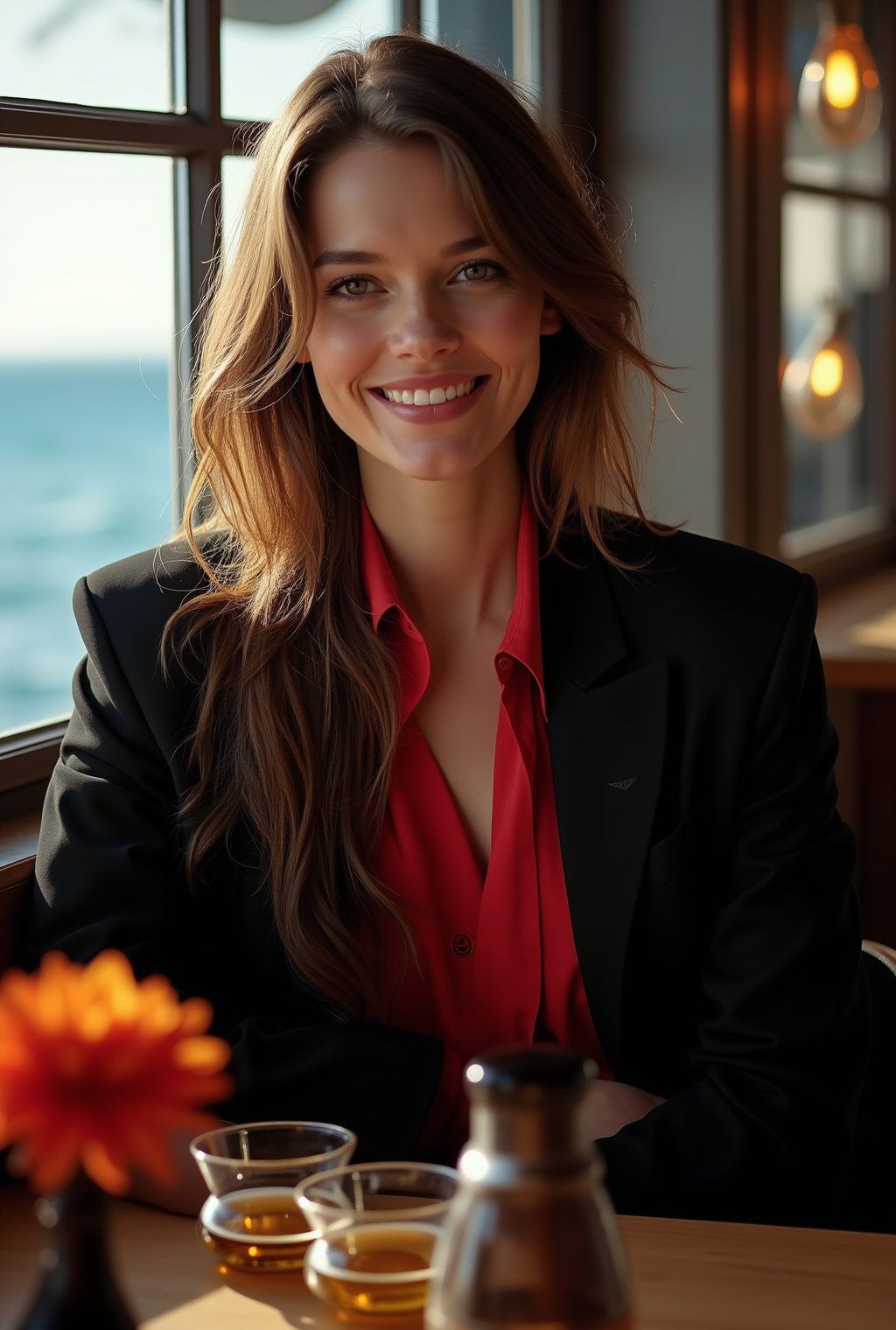 a beautiful woman in a cafe,20yo,Kristen Stewart lookalike,exquisite face,soft shiny skin,long hair naturally flowing over shoulder,gentle smile,elegant jacket and shirt,[black and red colors],backdrop of oceanview cafe,window,table,beer mug,bottle,flower,masterpiece,best quality,realistic,detailed,sharp focus,high contrast,rule of thirds,chiaroscuro lighting,ek_real_b00ster