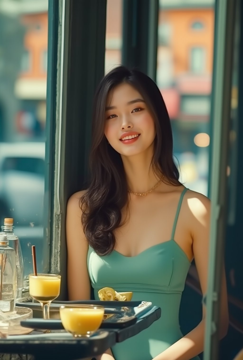 Photo of a beautiful girl in a cafe,20yo,K-pop girl,ulzzang,exquisite face,soft shiny skin,long hair naturally flowing over shoulder,gentle smile,elegant dress,[cobalt blue,mint and yellow colors],backdrop of city street cafe,window,table,cocktail,bottle,flower,masterpiece,best quality,realistic,detailed,sharp focus,high contrast,rule of thirds,chiaroscuro lighting, ek_real_b00ster,ek_art_b00ster,ek_an1_b00ster