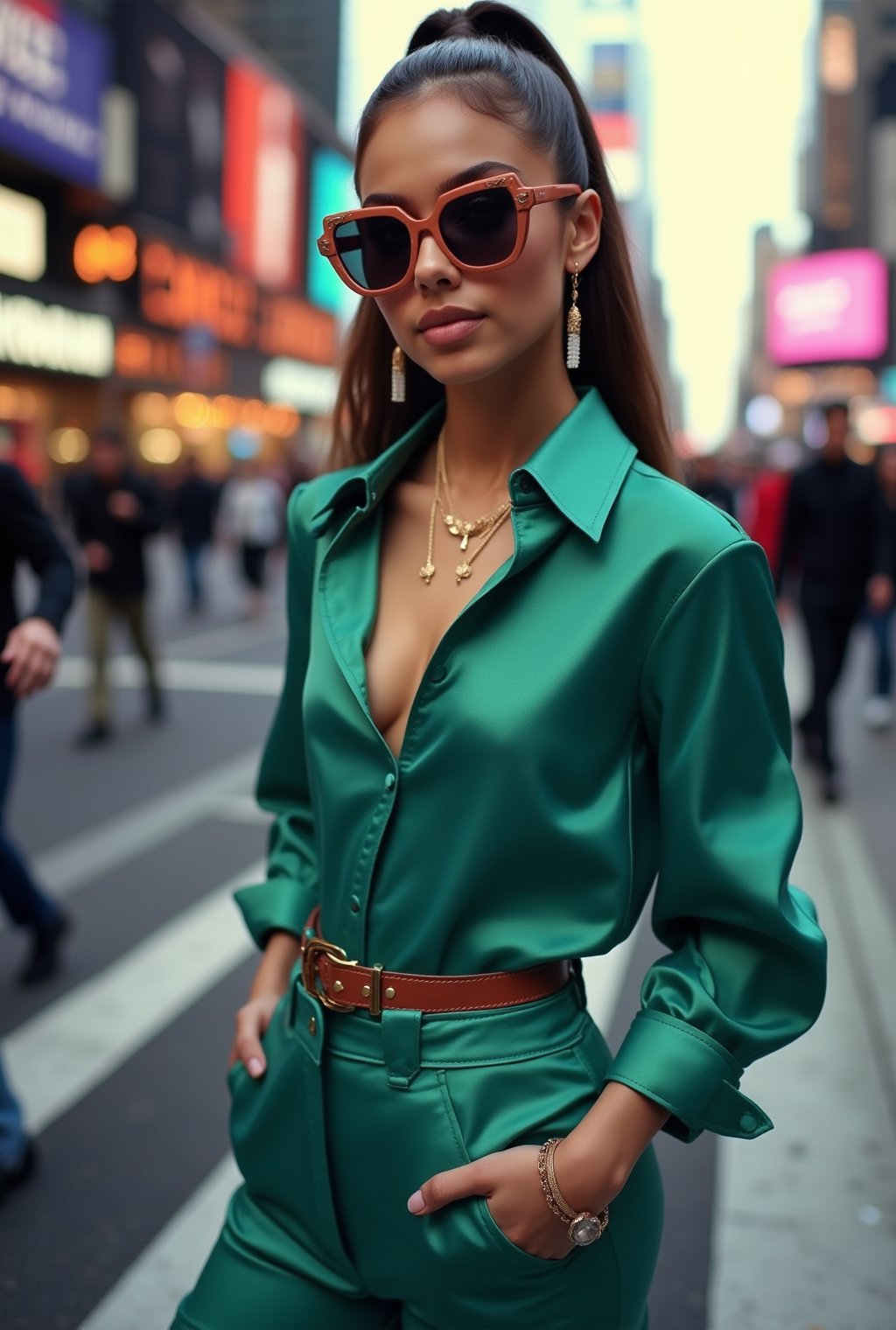 Photo of a beautiful girl,Ariana Grande,20yo,pop star look,detailed exquisite face,soft shiny skin,perfect female form,looking at viewer,Sunglasses, Bustling city street, skyscrapers, people, traffic, street lights, Vibrant colors,Rose Gold,Deep Navy and Mint Green colors,sleek lines,simple blouse and trousers,loafers,delicate jewelry, masterpiece,best quality,realistic,detailed,sharp focus,high contrast,rule of thirds,chiaroscuro lighting,ek_real_b00ster