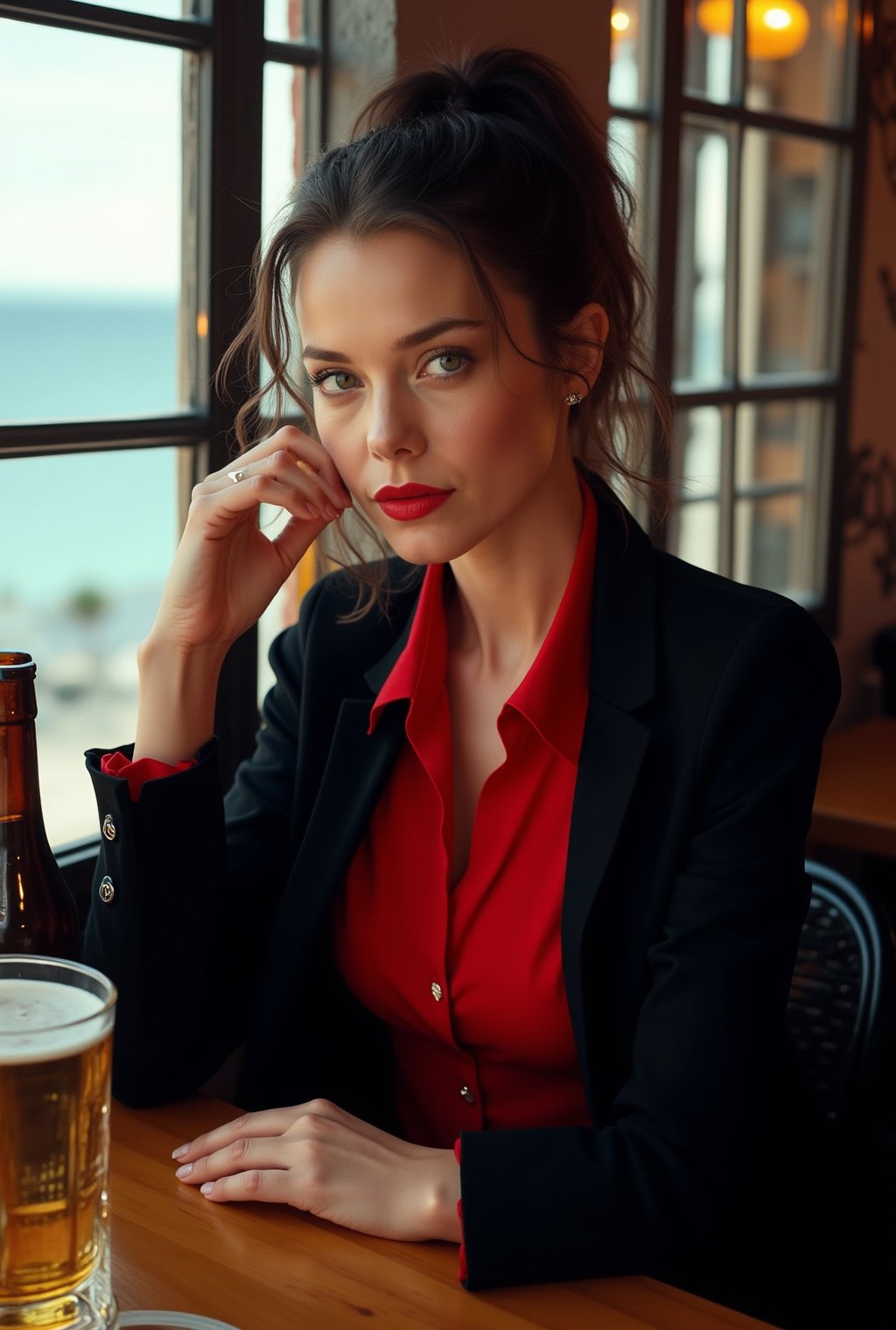 a beautiful woman in a cafe,25yo,Kristen Stewart lookalike,exquisite face,soft shiny skin,smile,elegant jacket and shirt,[black and red colors],high ponytail,backdrop of oceanview cafe,window,table,beer mug,bottle,flower,masterpiece,best quality,realistic,detailed,sharp focus,high contrast,rule of thirds,chiaroscuro lighting,ek_real_b00ster