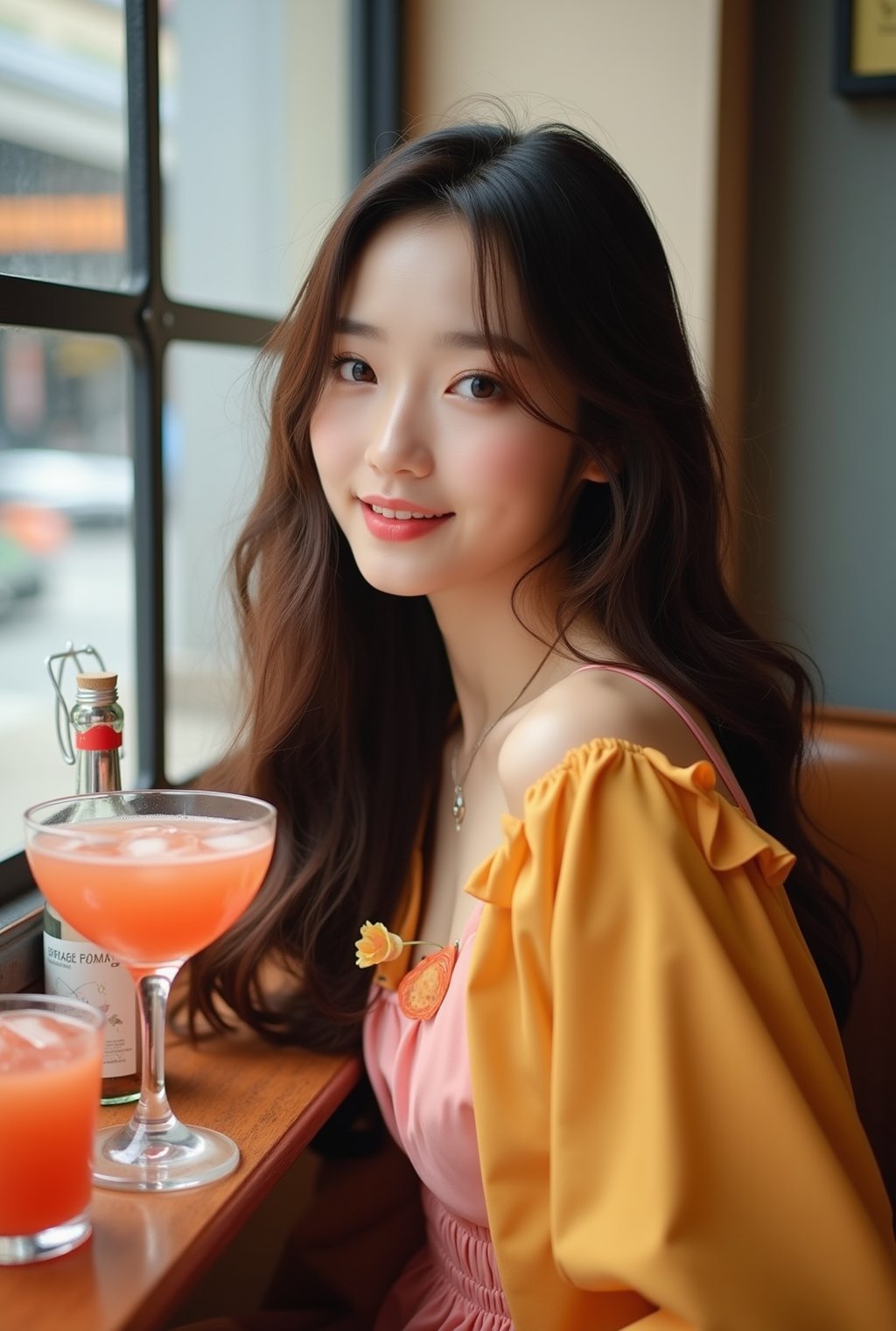 Photo of a beautiful girl in a cafe,20yo,K-pop girl,ulzzang,exquisite face,soft shiny skin,long hair naturally flowing over shoulder,gentle smile,elegant dress,[pink and yellow colors],backdrop of city street cafe,window,table,cocktail,bottle,flower,masterpiece,best quality,realistic,detailed,sharp focus,high contrast,rule of thirds,chiaroscuro lighting,ek_real_b00ster