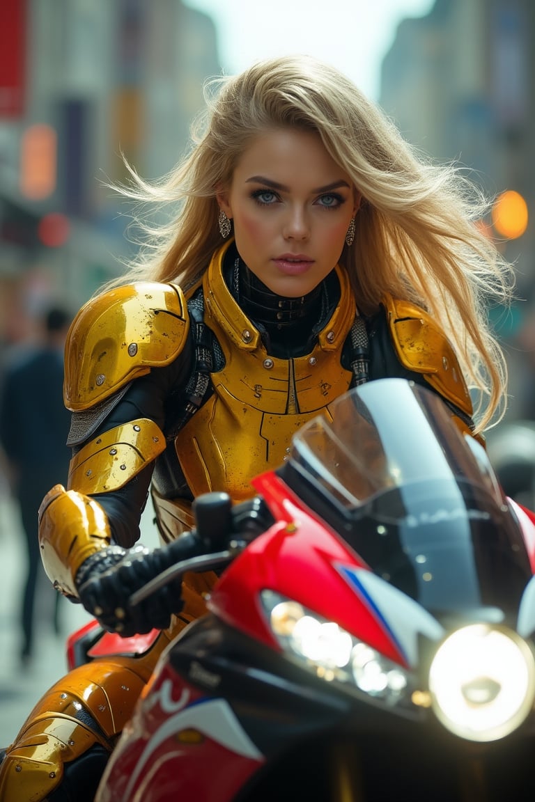 A cyborg girl riding a bike,detailed exquisite face,long blonde hair blowing,blue eyes,gold and red colored armor suit,kawasaki ninja h2r,blurry city street,realistic,detailed,sharp focus,high contrast,rule of thirds,chiaroscuro lighting,ek_real_b00ster,ek_art_b00ster,ek_an1_b00ster