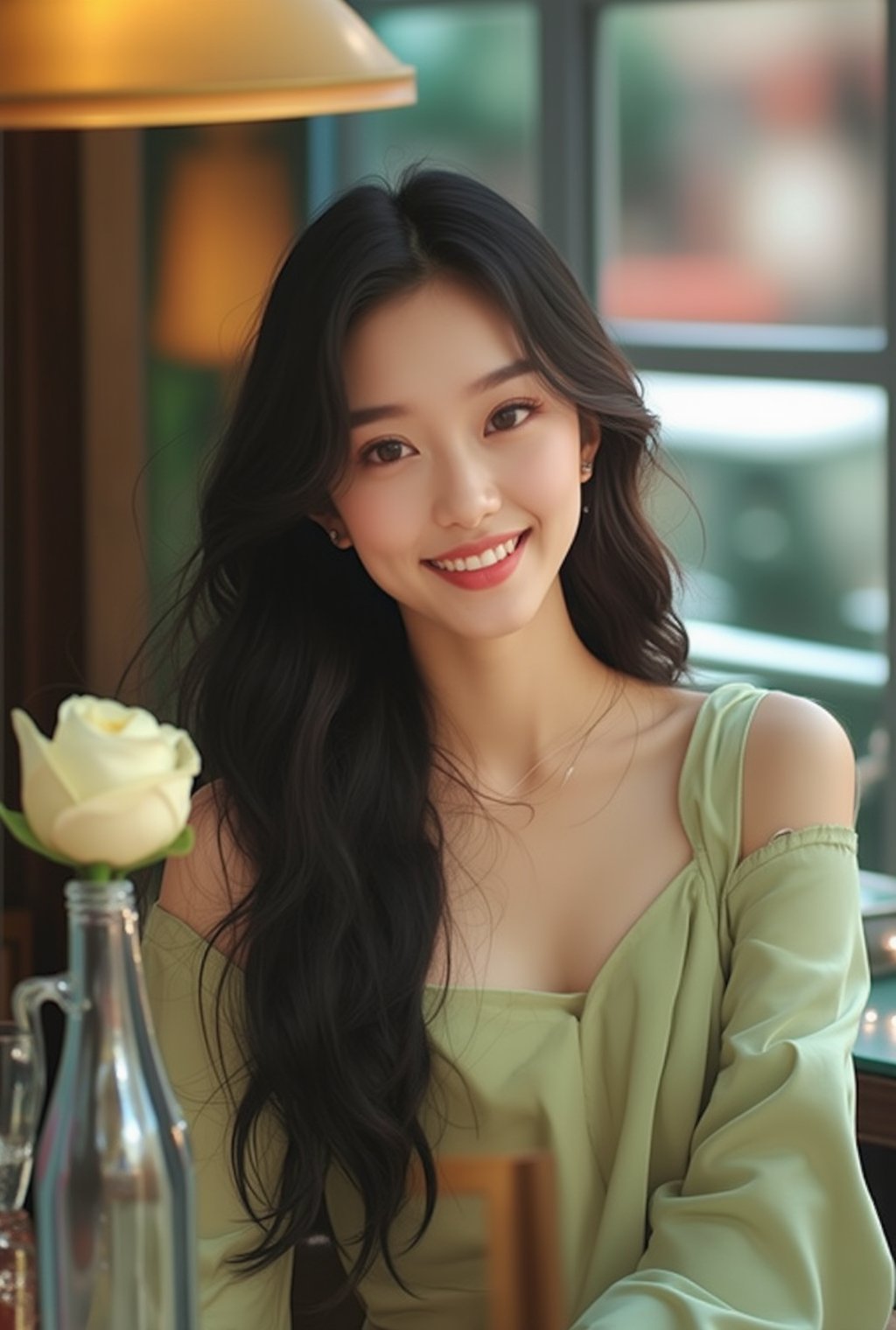 Photo of a beautiful girl in a cafe,20yo,K-pop girl,ulzzang,exquisite face,soft shiny skin,long hair naturally flowing over shoulder,gentle smile,elegant dress,[modern green,mint and cream colors],backdrop of city street cafe,window,table,cocktail,bottle,flower,masterpiece,best quality,realistic,detailed,sharp focus,high contrast,rule of thirds,chiaroscuro lighting, ek_real_b00ster,ek_art_b00ster,ek_an1_b00ster