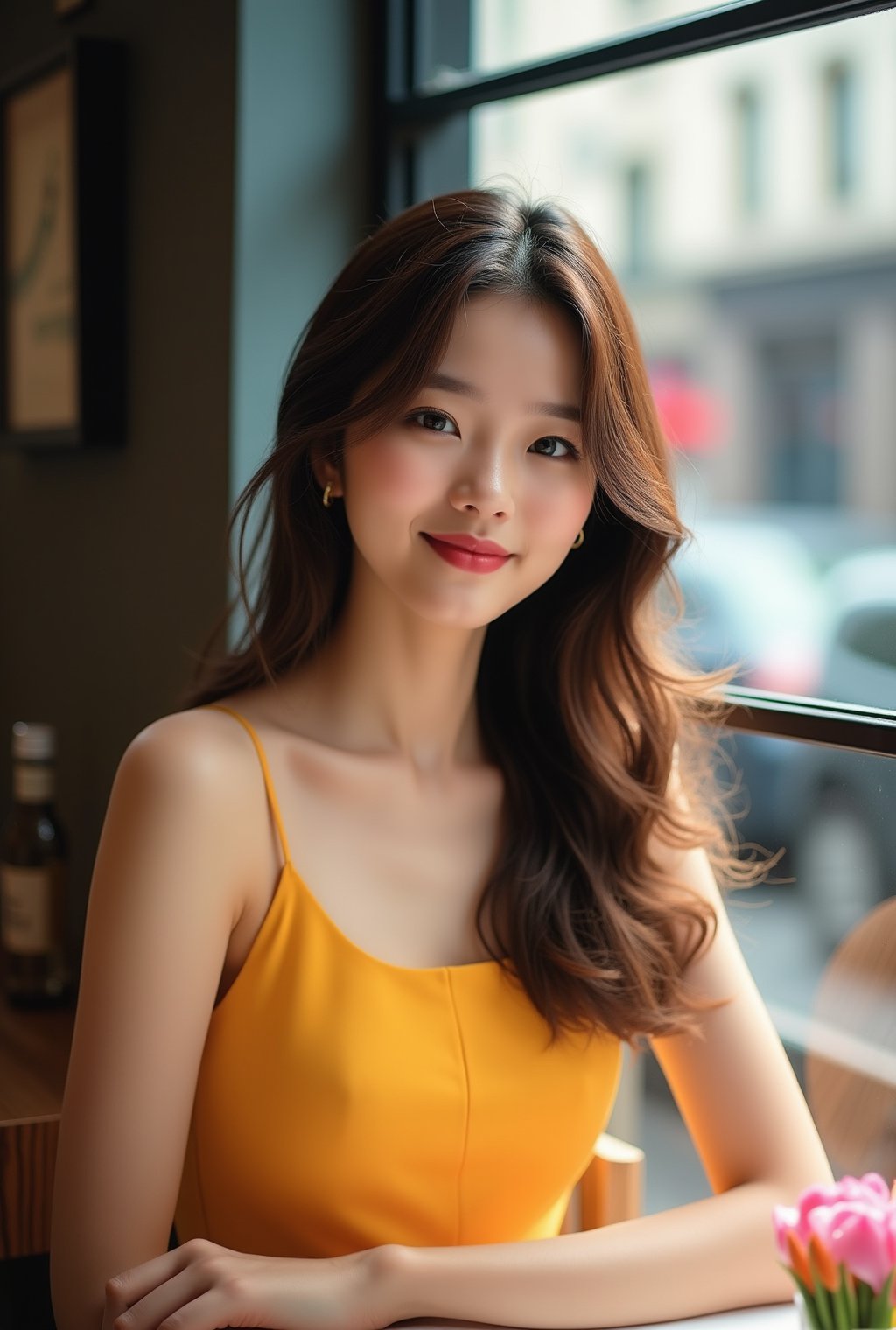 Photo of a beautiful girl in a cafe,20yo,K-pop girl,ulzzang,exquisite face,soft shiny skin,long hair naturally flowing over shoulder,gentle smile,elegant dress,[pink and yellow colors],backdrop of city street cafe,window,table,cocktail,bottle,flower,masterpiece,best quality,realistic,detailed,sharp focus,high contrast,rule of thirds,chiaroscuro lighting,ek_real_b00ster