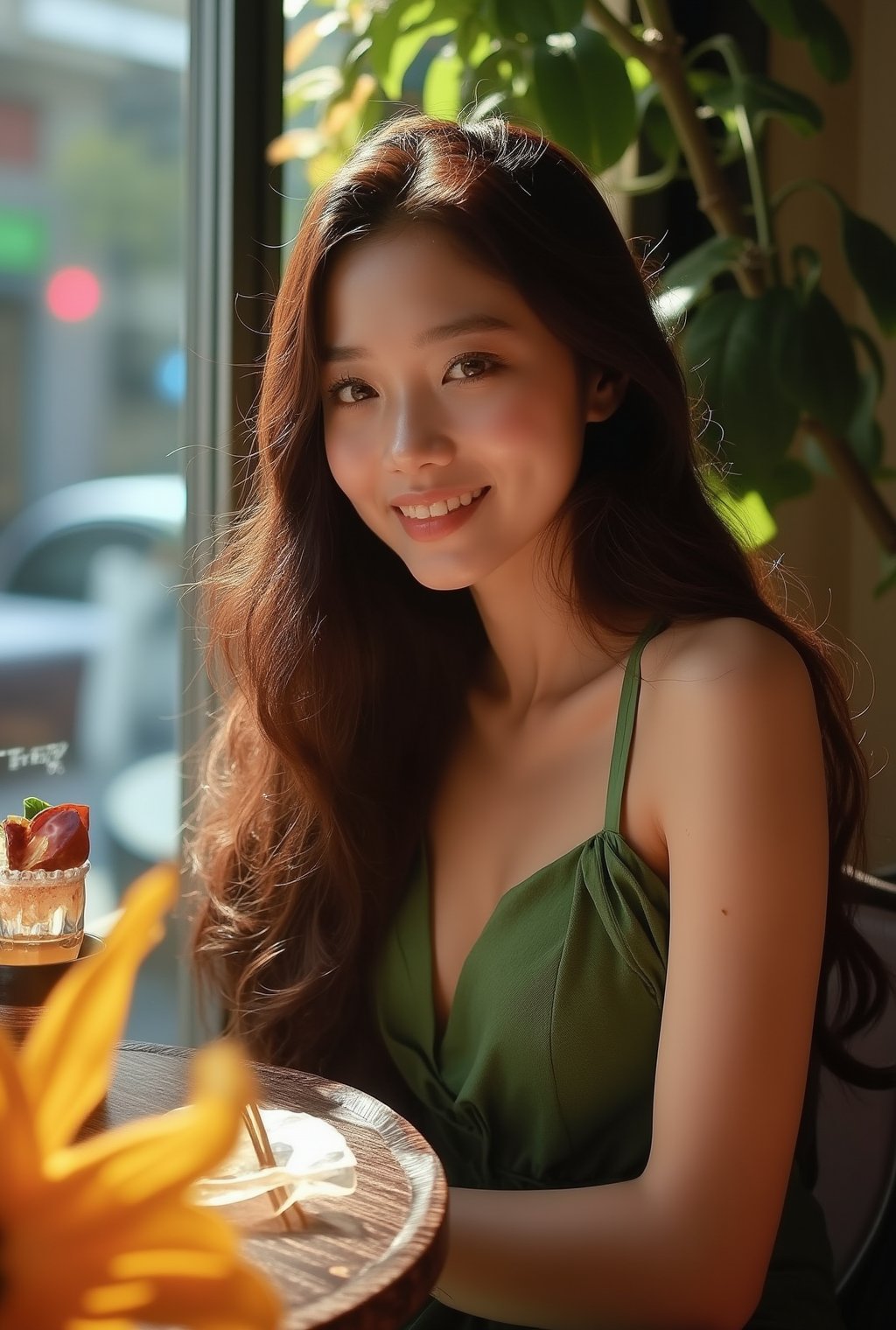 Photo of a beautiful girl in a cafe,20yo,K-pop girl,ulzzang,exquisite face,soft shiny skin,long hair naturally flowing over shoulder,gentle smile,elegant dress,[modern green,hazel brown and cream colors],backdrop of city street cafe,window,table,cocktail,bottle,flower,masterpiece,best quality,realistic,detailed,sharp focus,high contrast,rule of thirds,chiaroscuro lighting, ek_real_b00ster,ek_art_b00ster,ek_an1_b00ster