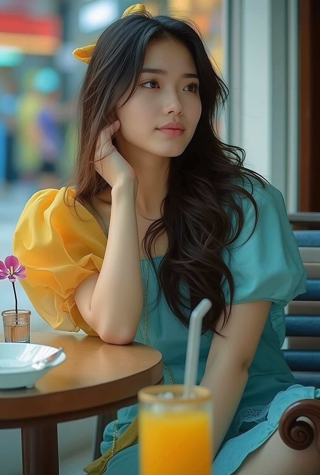 Photo of a beautiful girl in a cafe,20yo,K-pop girl,ulzzang,exquisite face,soft shiny skin,long hair naturally flowing over shoulder,gentle smile,elegant dress,[cobalt blue,mint and yellow colors],backdrop of city street cafe,window,table,cocktail,bottle,flower,masterpiece,best quality,realistic,detailed,sharp focus,high contrast,rule of thirds,chiaroscuro lighting, ek_real_b00ster,ek_art_b00ster,ek_an1_b00ster