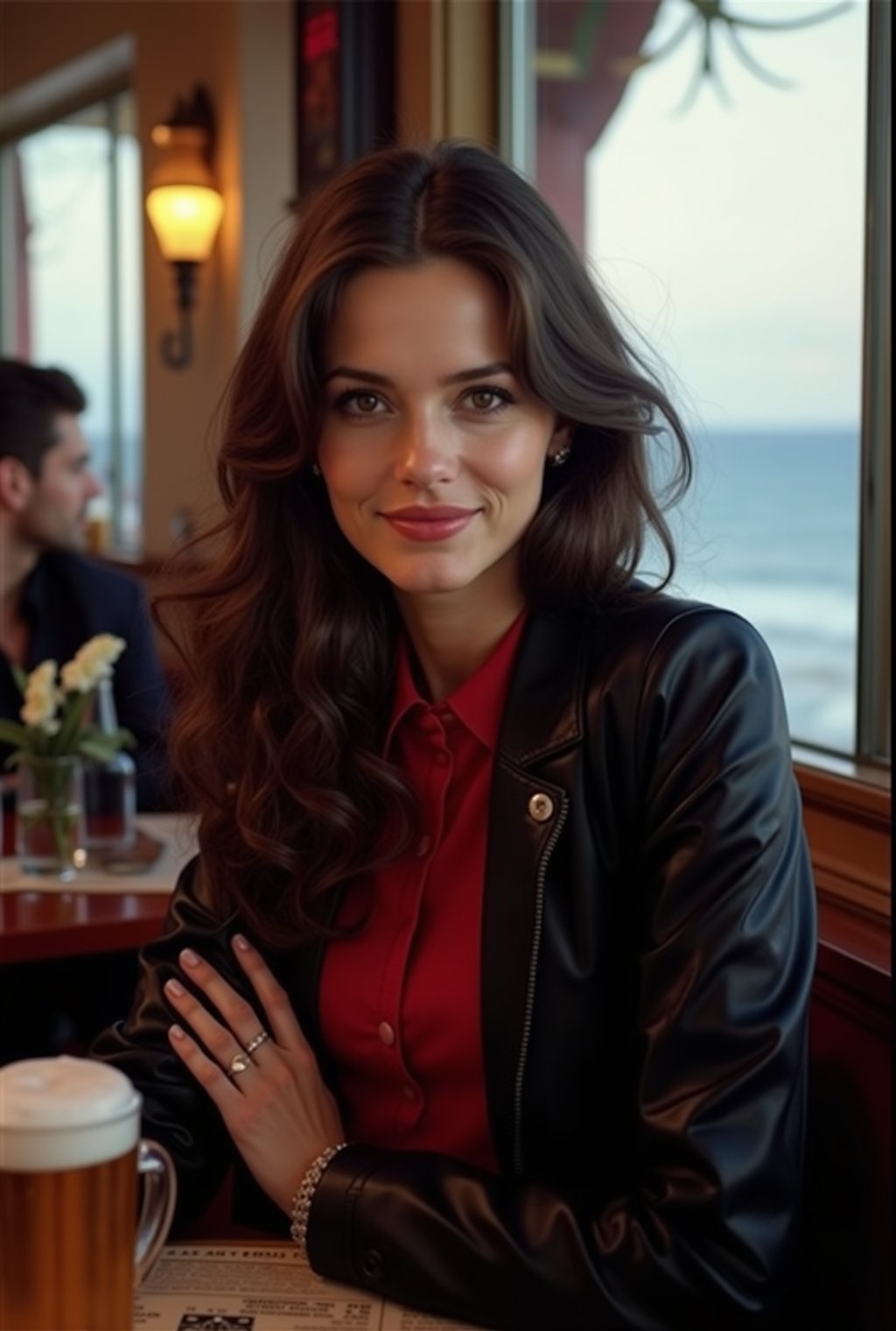 a beautiful woman in a cafe,20yo,Kristen Stewart lookalike,exquisite face,soft shiny skin,long hair naturally flowing over shoulder,gentle smile,elegant jacket and shirt,[black and red colors],backdrop of oceanview cafe,window,table,beer mug,bottle,flower,masterpiece,best quality,realistic,detailed,sharp focus,high contrast,rule of thirds,chiaroscuro lighting,ek_real_b00ster