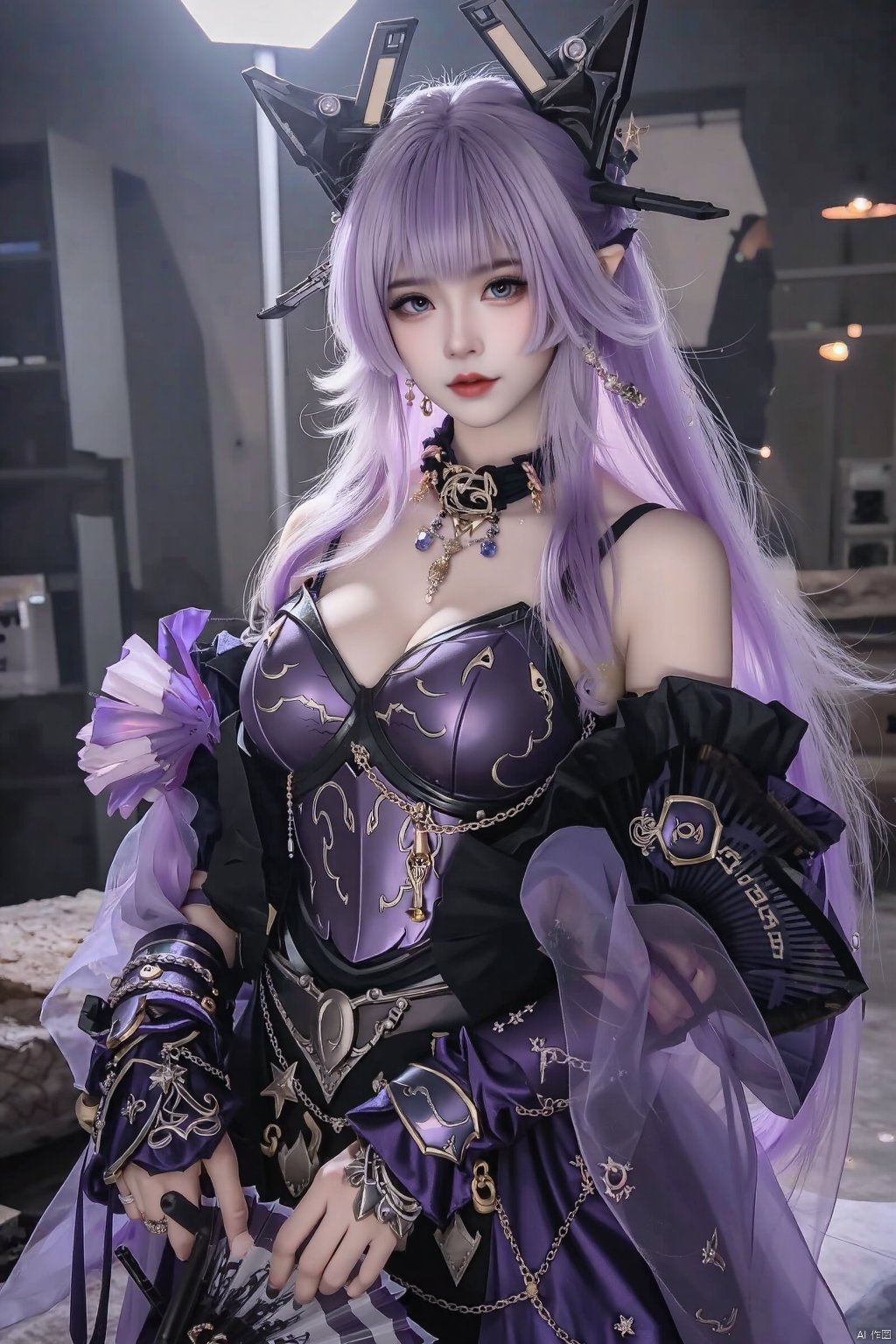 汉服，Half-body shot, wearing jihadist armor, purple hair, exaggerated cleavage, exaggerated breasts, game effects, magic effects, lots of jewelry, With a fan in his hand'tusiart'