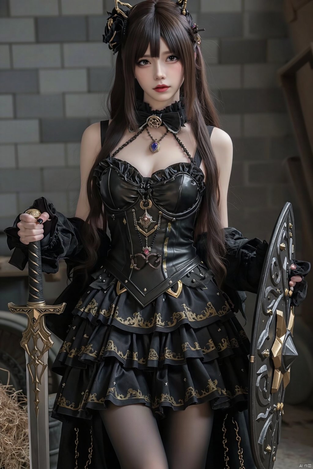 AKJK，Half-body, Lolita, a woman,Exaggerated breasts,Legs exposed, black pantyhose ，exaggerated cleavage, exaggerated long hair, jewelry, sword in left hand, shield in right hand, half body