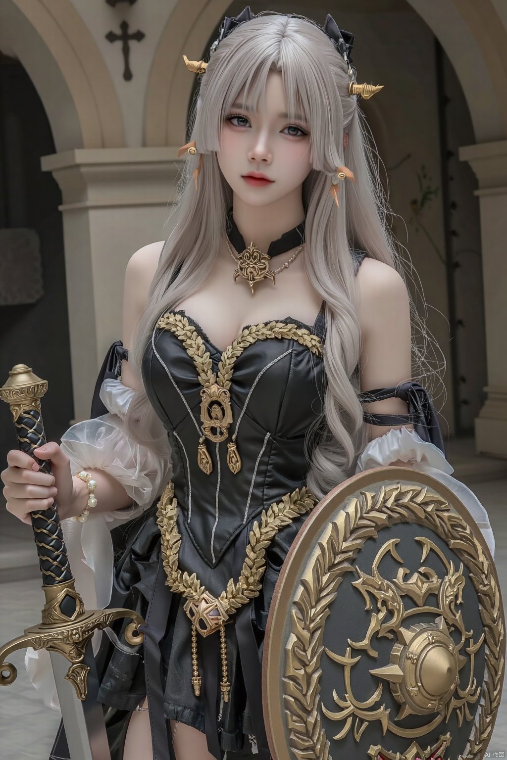 AKJK，Half-body, Lolita, a woman,Exaggerated breasts, exaggerated cleavage, exaggerated long hair, jewelry, sword in left hand, shield in right hand, half body