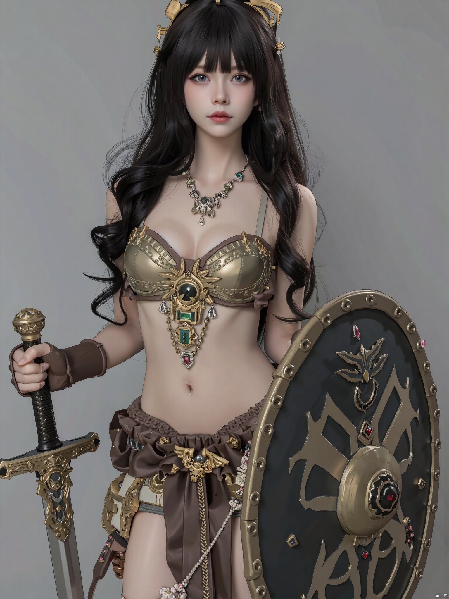 AKJK，Half-body, Lolita, a woman,Exaggerated breasts, exaggerated cleavage, exaggerated long hair, jewelry, sword in left hand, shield in right hand, half body