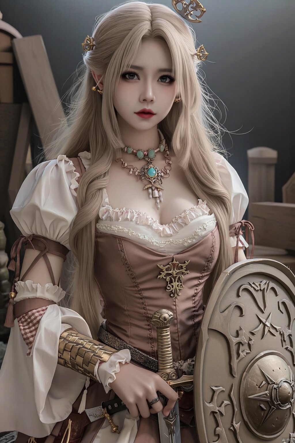 汉服，Half-body, Lolita, a woman,Exaggerated breasts, exaggerated cleavage, exaggerated long hair, jewelry, sword in left hand, shield in right hand, half body