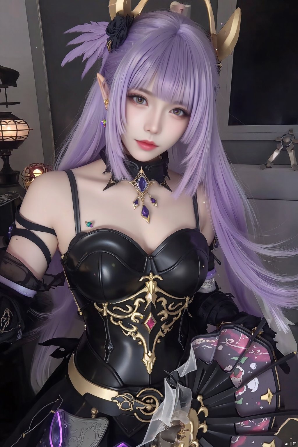 汉服，Half-body shot, wearing jihadist armor, purple hair, exaggerated cleavage, exaggerated breasts, game effects, magic effects, lots of jewelry, With a fan in his hand'tusiart'