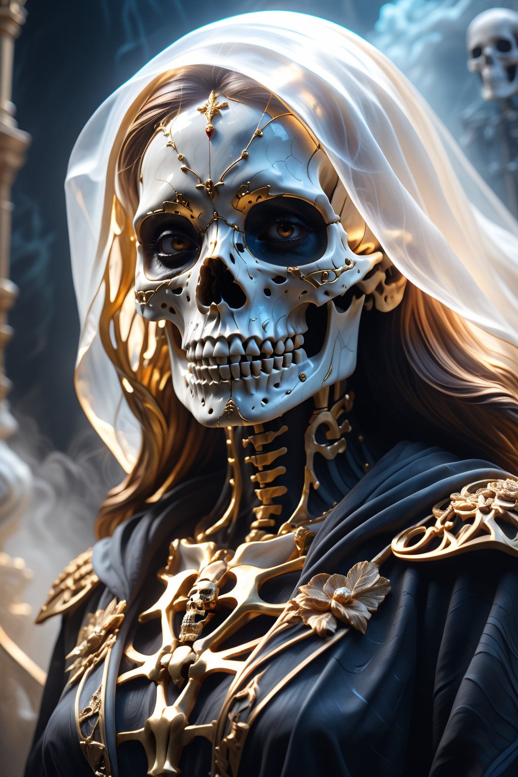 close up ultra detailed marble and gold sculpture of a female necromancer, (skeleton face), volumetric fog, hyperrealism, breathtaking, ultra realistic, ultra detailed, cyber background, cinematic lighting, highly detailed, breathtaking, photography, stunning environment, wide-angle