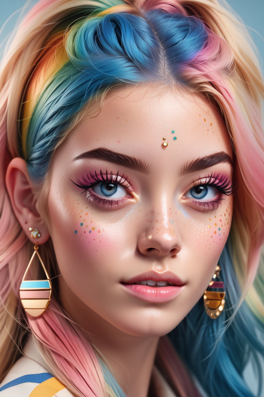 a1girl,solo,long hair,looking at viewer,blonde hair,simple background,jewelry,blue hair,pink hair,multicolored hair,earrings,parted lips,teeth,lips,streaked hair,eyelashes,makeup,portrait,eyeshadow,freckles,realistic,nose,mascara,rainbow hair
