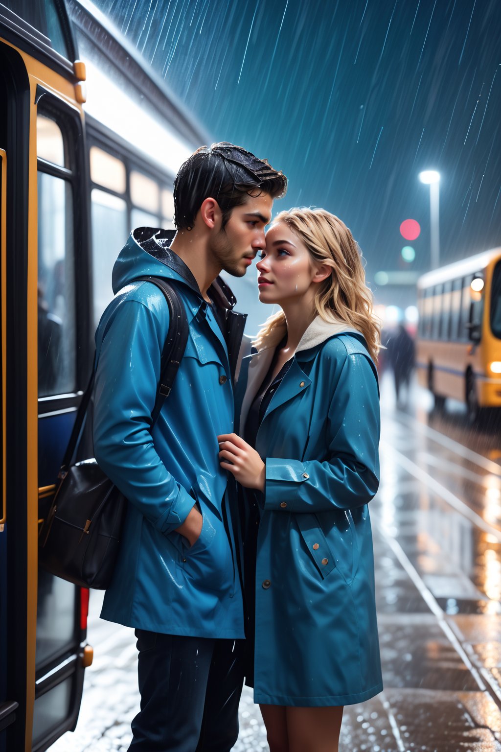 European, two young people, masterpiece, best quality, the young man and the girl are very in love with each other, they are both 28 years old. Under the rain, the girl is wearing a black raincoat and jeans underneath, and the man is wearing a blue coat and jeans, the man is on the intercity street at night ( (at the bus terminal)) extremely sad and emotional scene where she is about to break up with her lover, her hands are about to be separated from each other, shot from outside, woman about to be alone, rain, ((terminal crowd)), drenched, professional professionalism, distorted, both , facing the viewer, seen to the viewer, live 8k, ultra realistic, night, upper body, photo r3al, shooting star, photo r3al