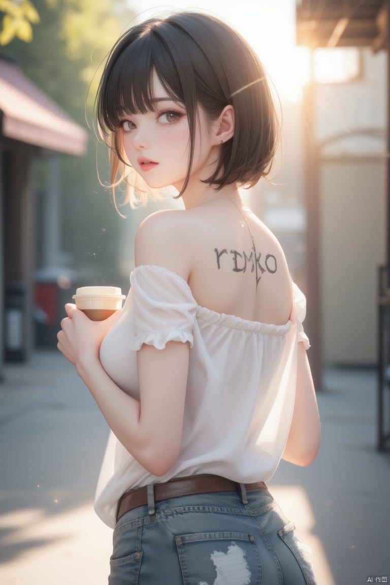 A young woman posing confidently in a sunny outdoor setting, wearing a crisp white Off-Shoulder boyfriend shirt with a bold "rDoKo" text tattoo on her back. She stands relaxed, one hand resting on the hip of distressed denim jeans, the other holding a coffee cup as the warm light casts a flattering glow on her features.