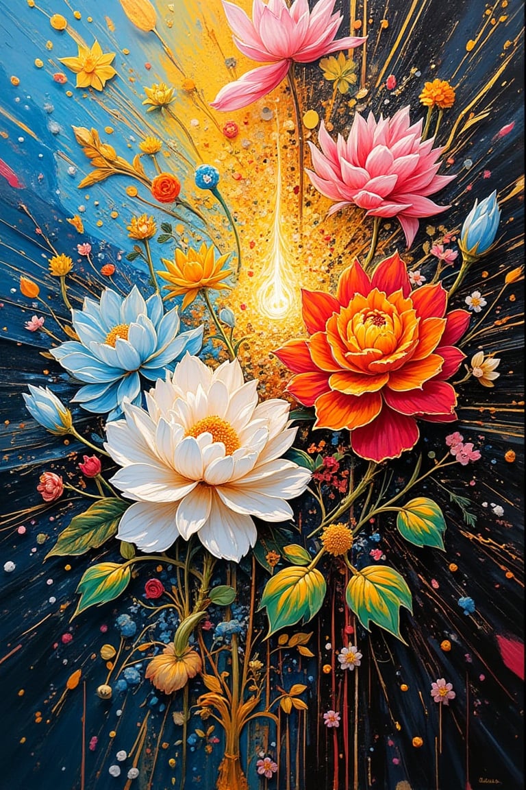 Create an abstract oil painting representing the genesis of life from the four elements. Use an expressive explosion of colors—blue, yellow, red, white, pink, black, and green. The painting should feature a symmetrical and hyper-detailed texture with golden accents that radiate light. Illustrate the elements of sky, water, fire, and earth (symbolized by floral forms) merging and intertwining to evoke the creation of life. Ensure the composition is ethereal and brilliant, capturing the essence of life emerging from elemental forces
,PatternMix,