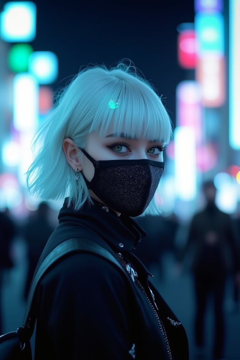 goth girl ,goth_punk, 1girl, solo, medium shot, walking in harajuku, ((night time)), bokeh, neon light, iridescent eyes, starry sky, white shimmer hair, white eyebrow, glowing hair, (iridescent white hair), earrings, bangs, jewelry, mask, blunt bangs, green eyes, mouth mask, blurry background, blurry, hair ornament, looking at viewer, short hair, portrait, sidelocks,