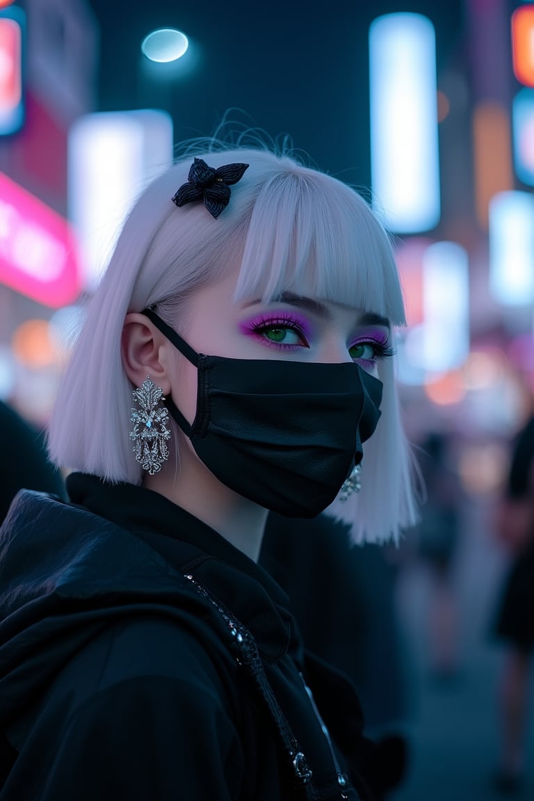 goth girl ,goth_punk, 1girl, solo, medium shot, walking in harajuku, ((night time)), bokeh, neon light, iridescent eyes, starry sky, white shimmer hair, white eyebrow, glowing hair, (iridescent white hair), earrings, bangs, jewelry, mask, blunt bangs, green eyes, mouth mask, blurry background, blurry, hair ornament, looking at viewer, short hair, portrait, sidelocks,