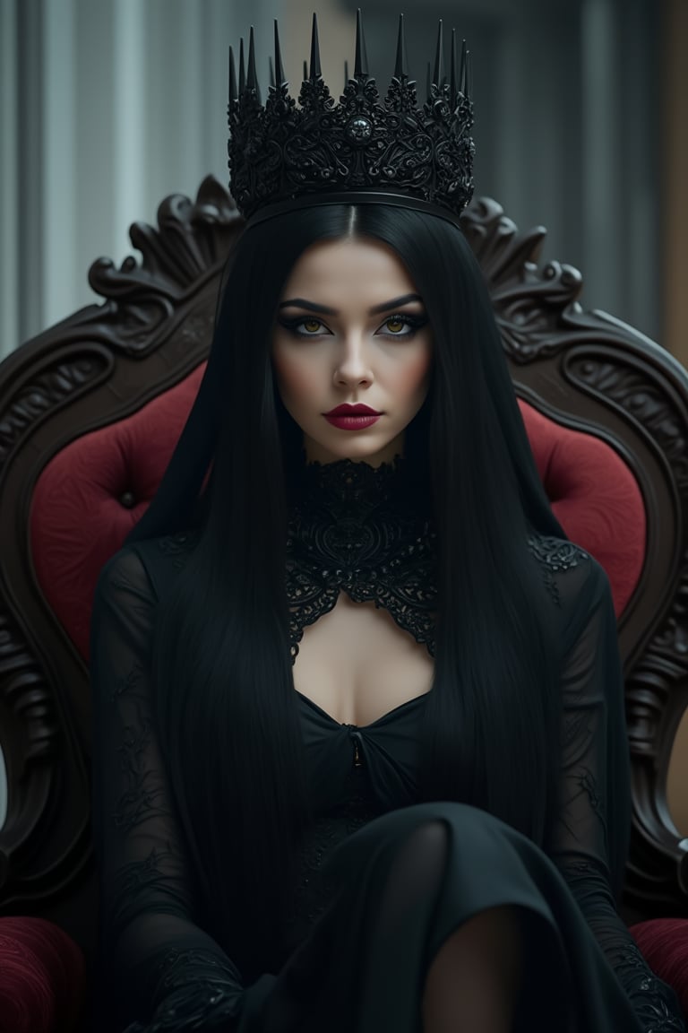 goth girl,A young woman with a striking black crown and a regal demeanor, sitting on a throne-like chair with a hint of darkness and mystery surrounding her