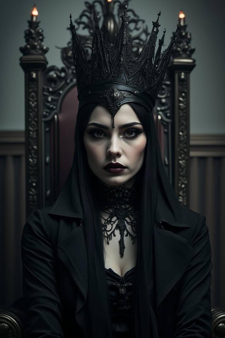 goth girl,A young woman with a striking black crown and a regal demeanor, sitting on a throne-like chair with a hint of darkness and mystery surrounding her