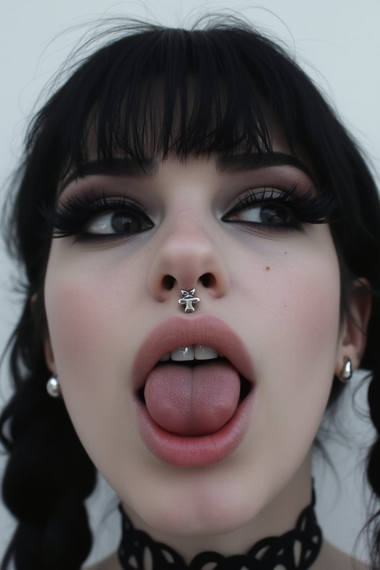 goth girl,realistic, raw photo,analog photography,1girl, barbell piercing, black hair, choker, ear piercing, eyelashes, eyeliner, goth fashion, hair between eyes, hair over one eye, inverted cross earrings, makeup, piercing, portrait, short twintails, simple background, teeth, tongue, tongue out, tongue piercing, twintails, upper teeth only, white background