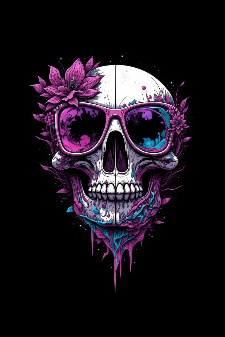 fluxtration,skull, illustration,glass flower, no humans, black background, simple background, sunglasses