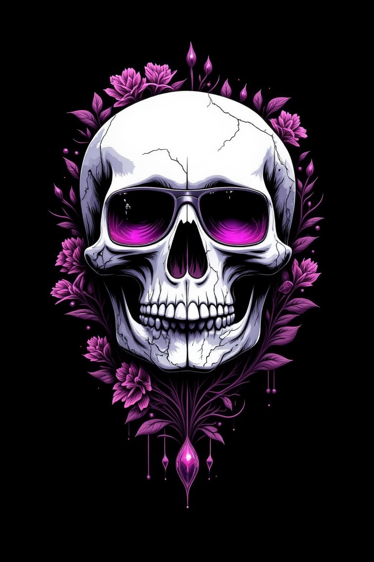 fluxtration,skull, illustration,glass flower, no humans, black background, simple background, sunglasses