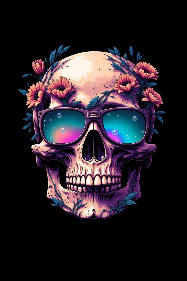 fluxtration,skull, illustration,glass flower, no humans, black background, simple background, sunglasses