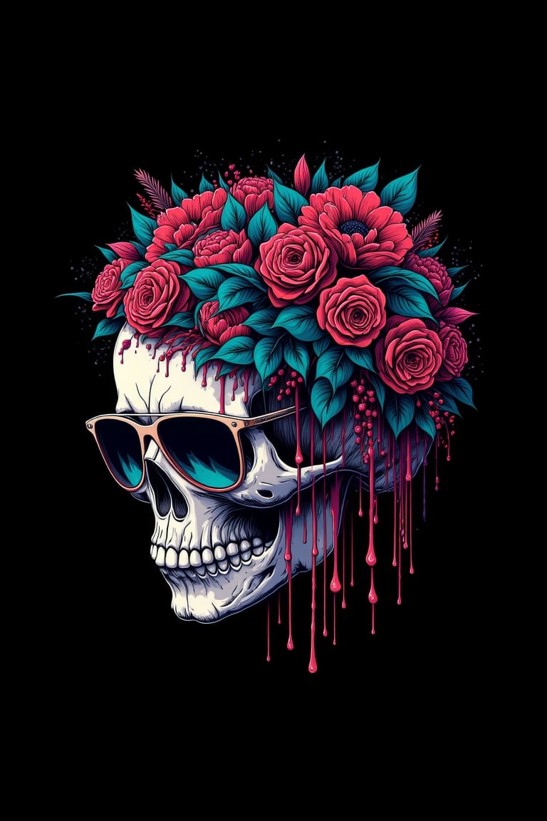 fluxtration,skull, illustration, flower, no humans, black background, simple background, sunglasses