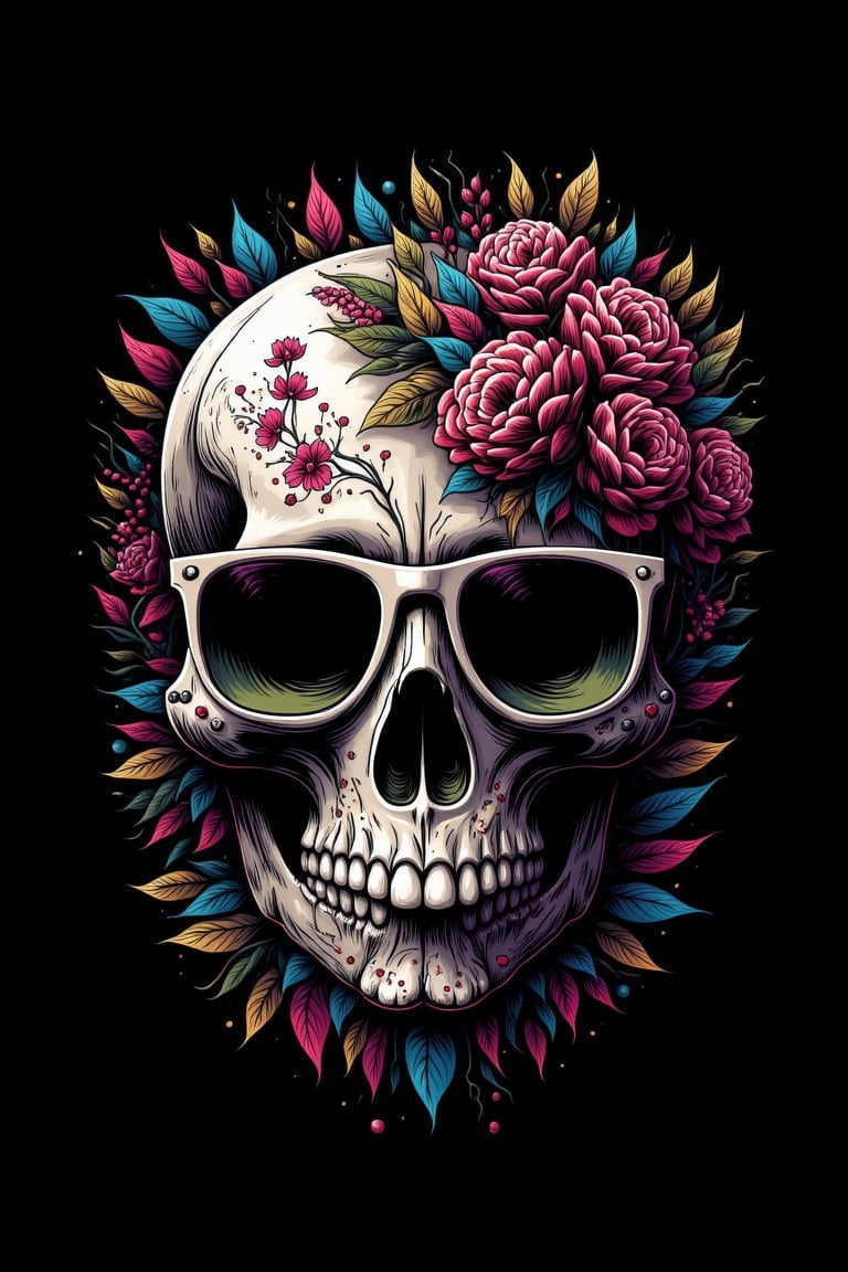 fluxtration,skull, illustration, flower, no humans, black background, simple background, sunglasses