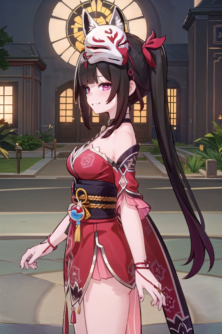 ((masterpiece, best quality)), high resolution,ultra detailed,8k,16k,detailed background, perfect lighting,1girl,look_at_viewer,cowboy shot,from side,smile,sparkle(star_rail),pink eyes,black hair,twintail,hands back,fox_mask,half-closed eyes,evil grin