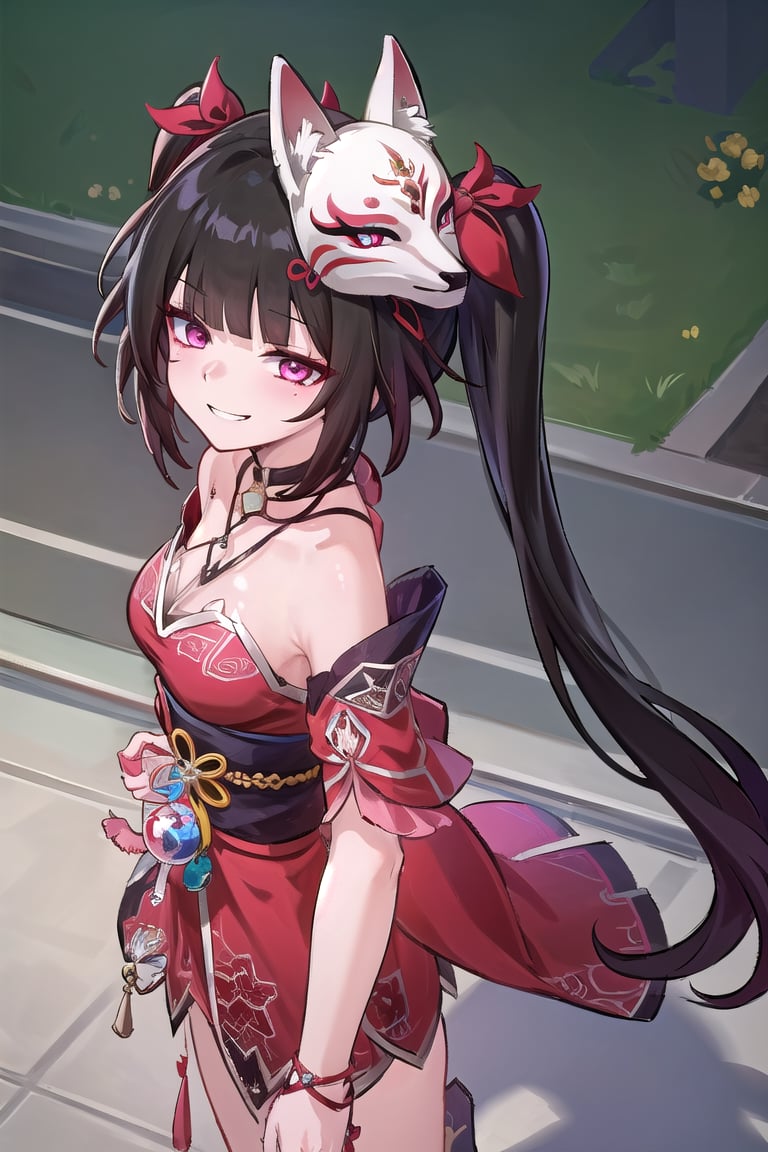 ((masterpiece, best quality)), high resolution,ultra detailed,8k,16k,detailed background, perfect lighting,1girl,look_at_viewer,cowboy shot,from above,smile,sparkle(star_rail),pink eyes,black hair,twintail,hands back,fox_mask,half-closed eyes,evil grin