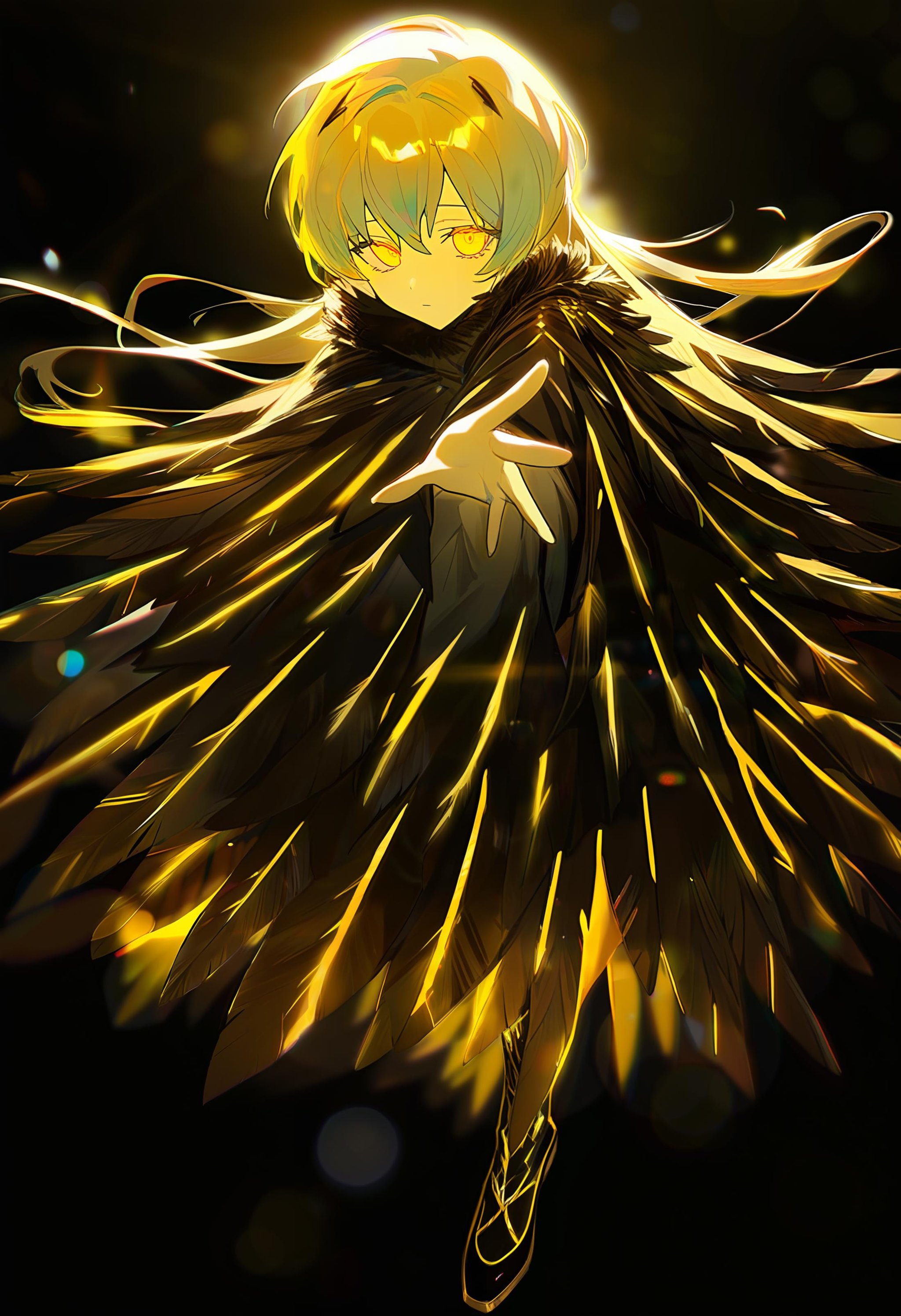 by mont blanc, 1 angela \(project moon\), e.g.o. \(project moon\), full body, sad, glowing yellow eyes, reaching to viewer, open hand, bird girl, black background, looking at viewer, lighting and shadow, aesthetic, detailed, beautiful color, amazing quality, black feather, lens flare