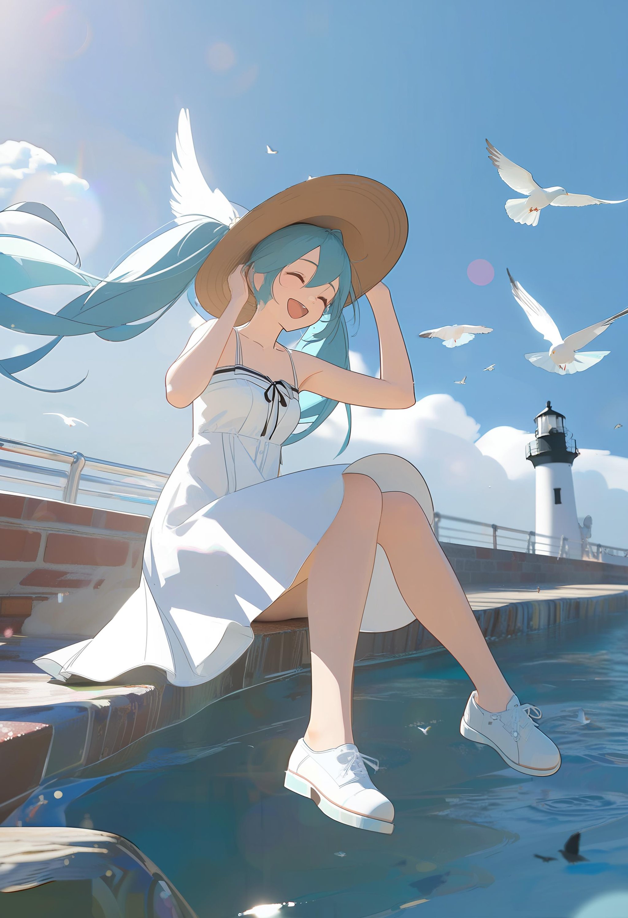 amazing quality, (super detailed:1.3), beautiful color, by void, by novelance, cel shading style, photorealistic style, photo background, lighthouse, 1girl, solo, 1 hatsune miku, closed eyes, :d, white dress, sundress, sitting, hand on headwear, floating hair, happy, expressions, detailed hands and fingers, sun hat, wind, water, shoes, dove, blue sky, clouds, sea, sunshine, bricks, lens flare, best lighting and shadow