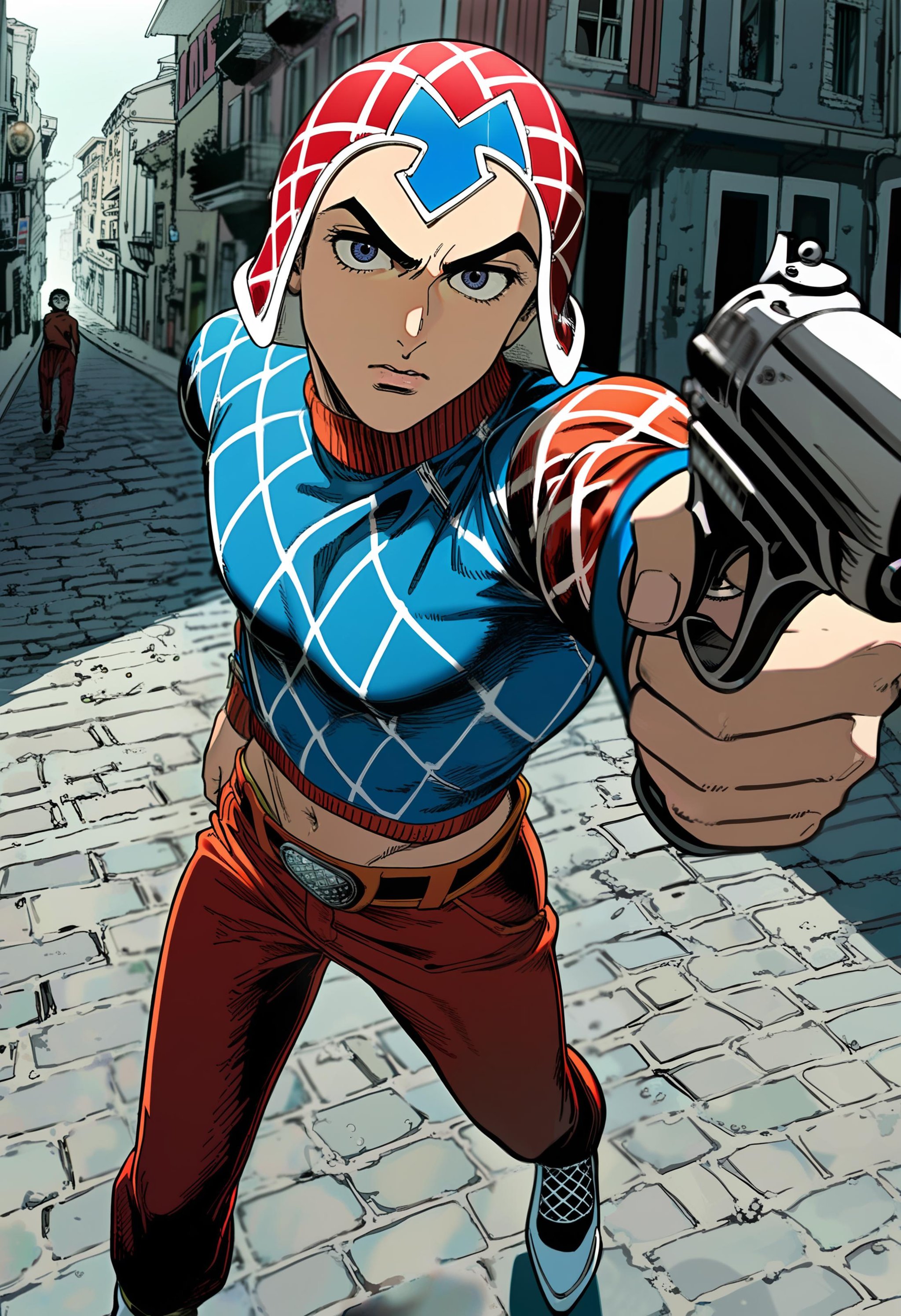 amazing quality, general, by omao, by matsukenmanga, 1 guido mista, 1boy, solo, perspective, dynamic blur, serious, angry, male focus, red headwear, blue turtleneck shirt, blue shirt, blue crop top, navel, red pants, red hat, holding a revolver, aiming at viewer, bullet, Italian street, European architecture, thick lips